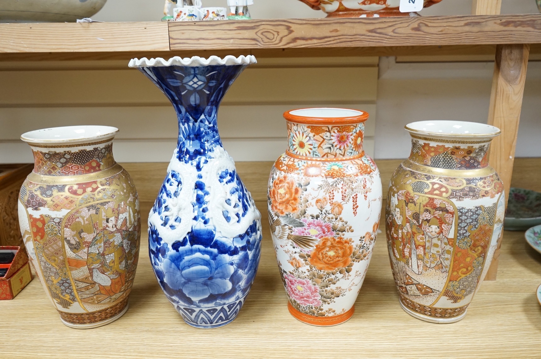 A Japanese blue and white vase, a pair of Satsuma vases and a Kutani vase, Chinese vase 41cm high